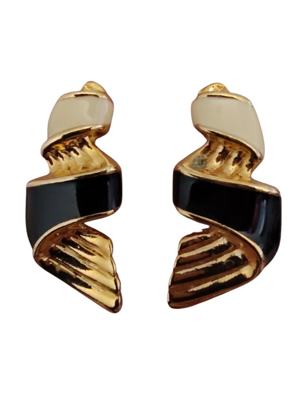 Black & Ivory Enamel Gold Tone Twisted Ribbon Statement Earrings